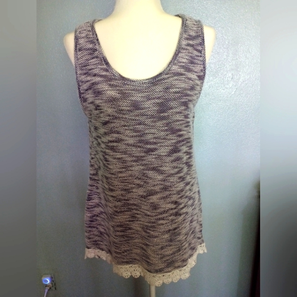 Attention Gray & Black Knit Psychedelic Design Tank Top Crochet Trim Large